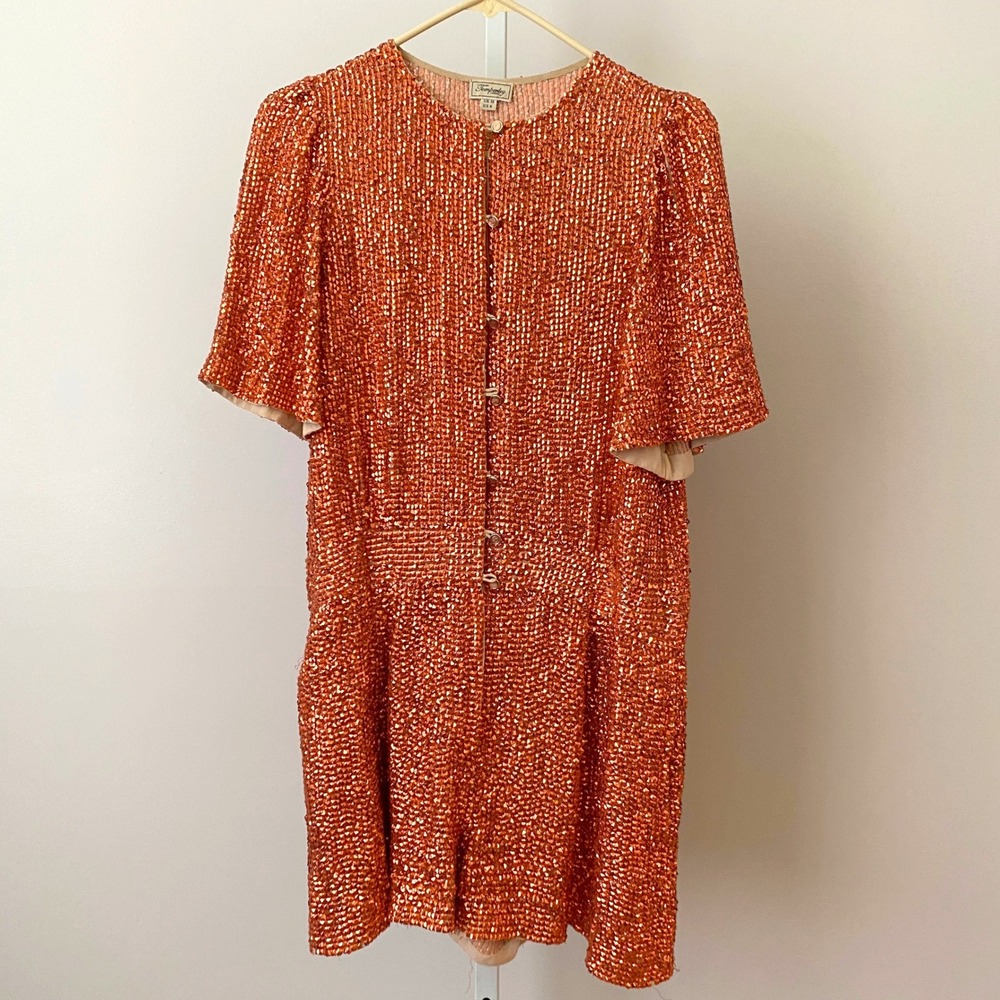 Temperley London 6 Copper Sequin Romper Button Flutter Sleeve Designer Party